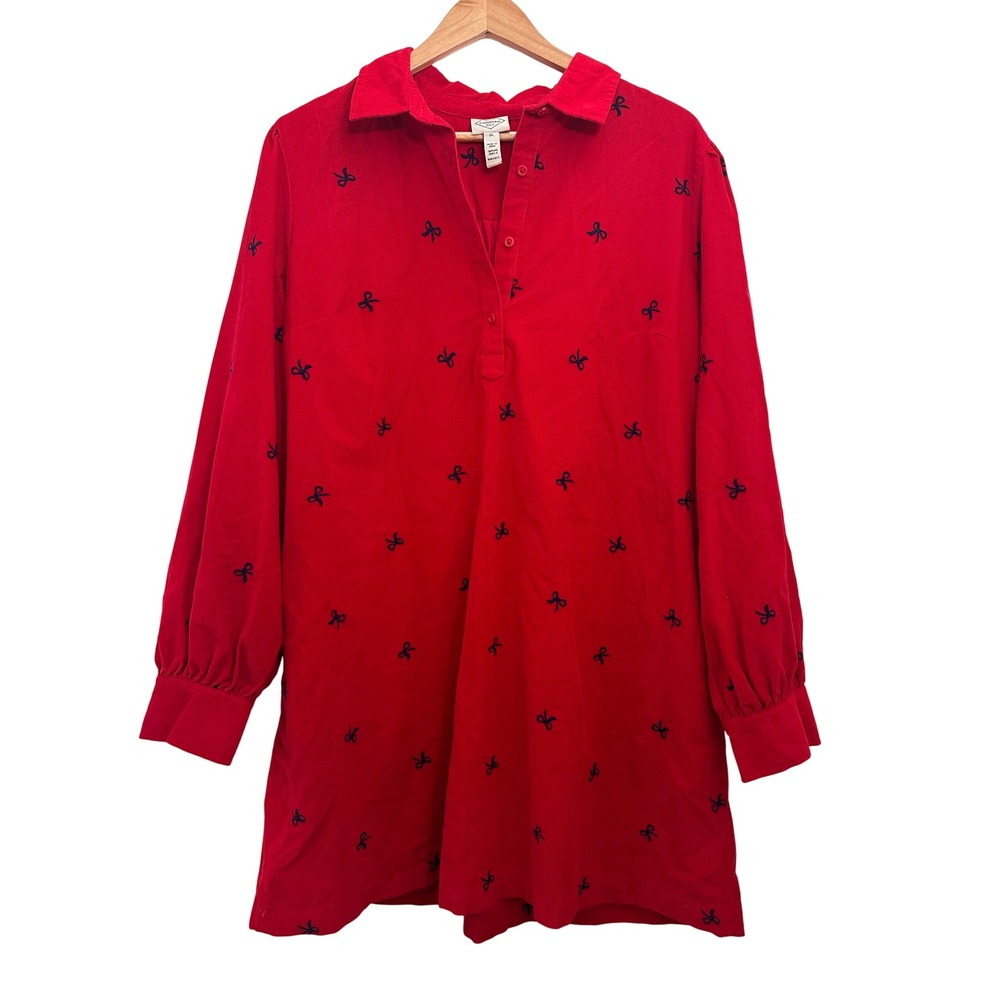 St Johns Bay Womens XL Red Corduroy Embroidered Bow Shirt Dress Pockets Holiday